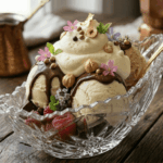 Boules de glace avec chocolat et crème fraîche